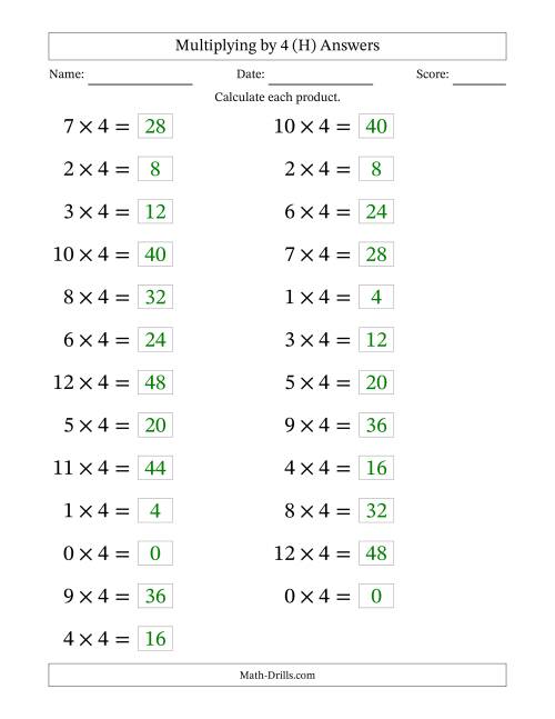 The Horizontally Arranged Multiplying (0 to 12) by 4 (25 Questions; Large Print) (H) Math Worksheet Page 2