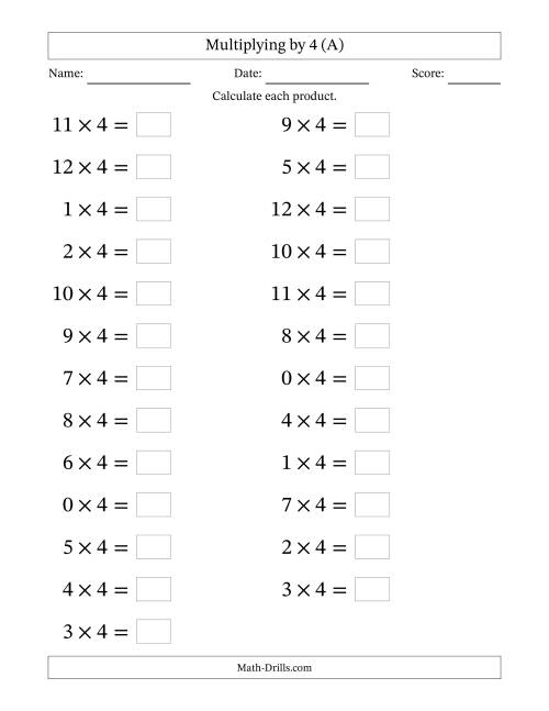 The Horizontally Arranged Multiplying (0 to 12) by 4 (25 Questions; Large Print) (All) Math Worksheet