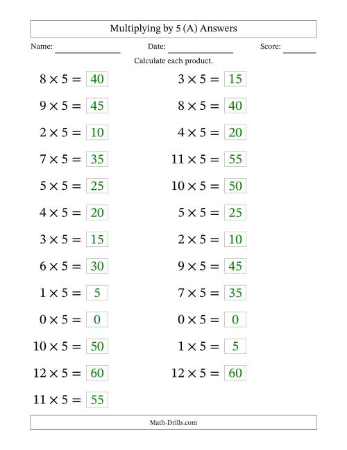 The Horizontally Arranged Multiplying (0 to 12) by 5 (25 Questions; Large Print) (A) Math Worksheet Page 2