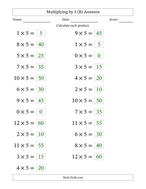 The Horizontally Arranged Multiplying (0 to 12) by 5 (25 Questions; Large Print) (B) Math Worksheet Page 2