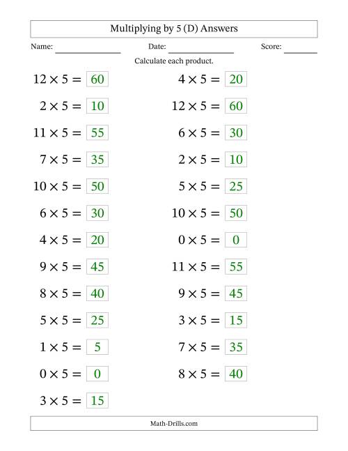 The Horizontally Arranged Multiplying (0 to 12) by 5 (25 Questions; Large Print) (D) Math Worksheet Page 2