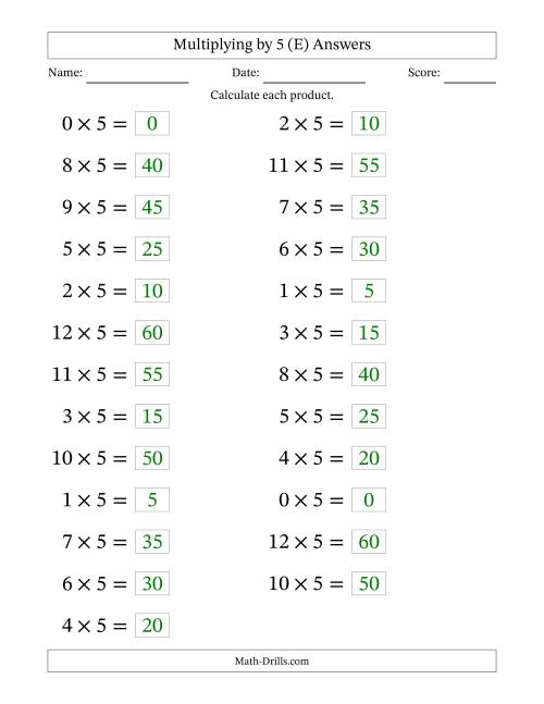 The Horizontally Arranged Multiplying (0 to 12) by 5 (25 Questions; Large Print) (E) Math Worksheet Page 2