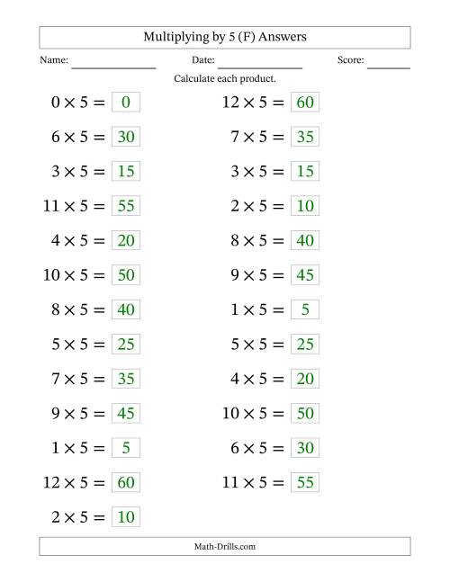 The Horizontally Arranged Multiplying (0 to 12) by 5 (25 Questions; Large Print) (F) Math Worksheet Page 2