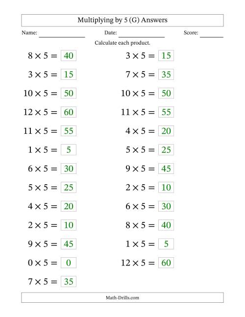 The Horizontally Arranged Multiplying (0 to 12) by 5 (25 Questions; Large Print) (G) Math Worksheet Page 2