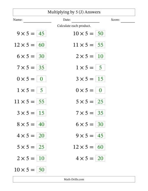 The Horizontally Arranged Multiplying (0 to 12) by 5 (25 Questions; Large Print) (J) Math Worksheet Page 2
