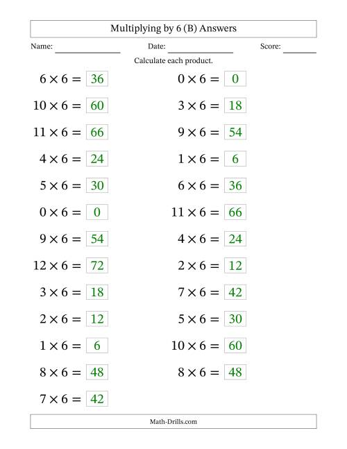 The Horizontally Arranged Multiplying (0 to 12) by 6 (25 Questions; Large Print) (B) Math Worksheet Page 2