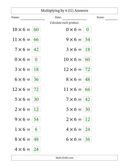 The Horizontally Arranged Multiplying (0 to 12) by 6 (25 Questions; Large Print) (G) Math Worksheet Page 2