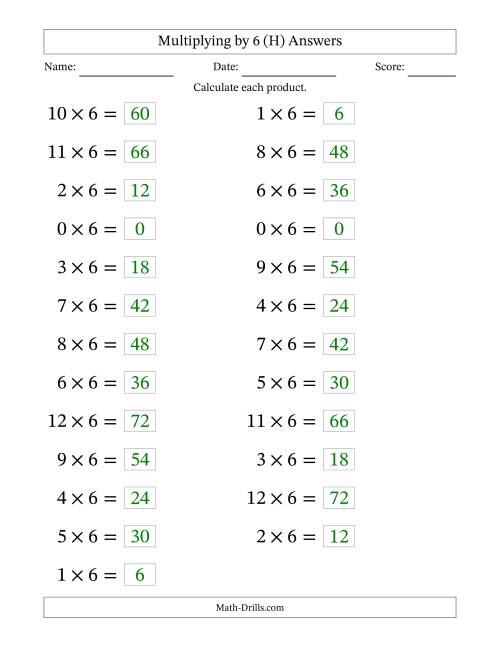 The Horizontally Arranged Multiplying (0 to 12) by 6 (25 Questions; Large Print) (H) Math Worksheet Page 2