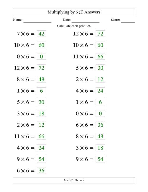 The Horizontally Arranged Multiplying (0 to 12) by 6 (25 Questions; Large Print) (I) Math Worksheet Page 2
