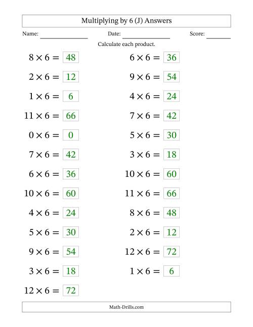 The Horizontally Arranged Multiplying (0 to 12) by 6 (25 Questions; Large Print) (J) Math Worksheet Page 2