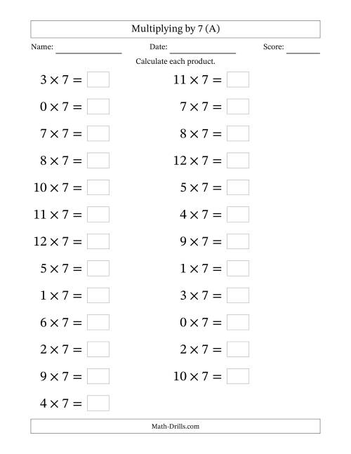The Horizontally Arranged Multiplying (0 to 12) by 7 (25 Questions; Large Print) (A) Math Worksheet