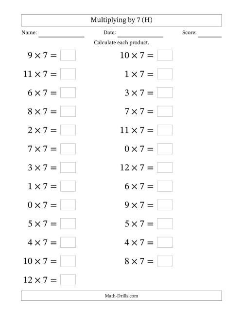 The Horizontally Arranged Multiplying (0 to 12) by 7 (25 Questions; Large Print) (H) Math Worksheet