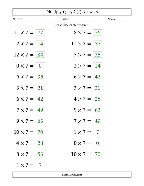 The Horizontally Arranged Multiplying (0 to 12) by 7 (25 Questions; Large Print) (J) Math Worksheet Page 2