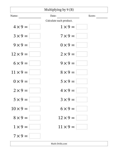 The Horizontally Arranged Multiplying (0 to 12) by 9 (25 Questions; Large Print) (B) Math Worksheet