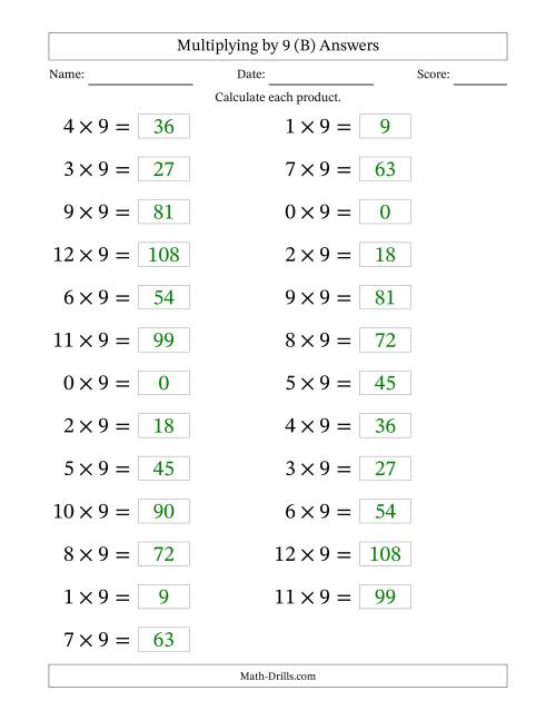 The Horizontally Arranged Multiplying (0 to 12) by 9 (25 Questions; Large Print) (B) Math Worksheet Page 2