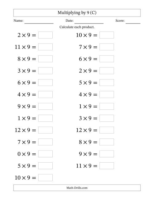 The Horizontally Arranged Multiplying (0 to 12) by 9 (25 Questions; Large Print) (C) Math Worksheet