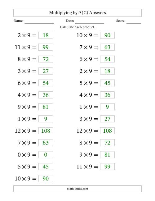 The Horizontally Arranged Multiplying (0 to 12) by 9 (25 Questions; Large Print) (C) Math Worksheet Page 2