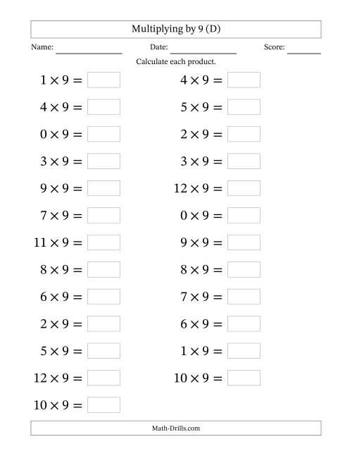 The Horizontally Arranged Multiplying (0 to 12) by 9 (25 Questions; Large Print) (D) Math Worksheet