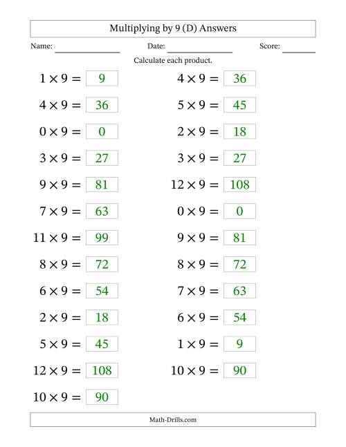 The Horizontally Arranged Multiplying (0 to 12) by 9 (25 Questions; Large Print) (D) Math Worksheet Page 2