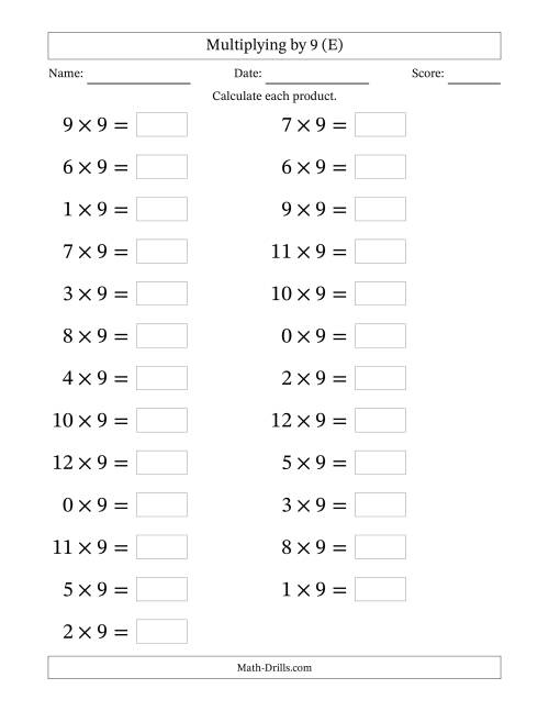 The Horizontally Arranged Multiplying (0 to 12) by 9 (25 Questions; Large Print) (E) Math Worksheet