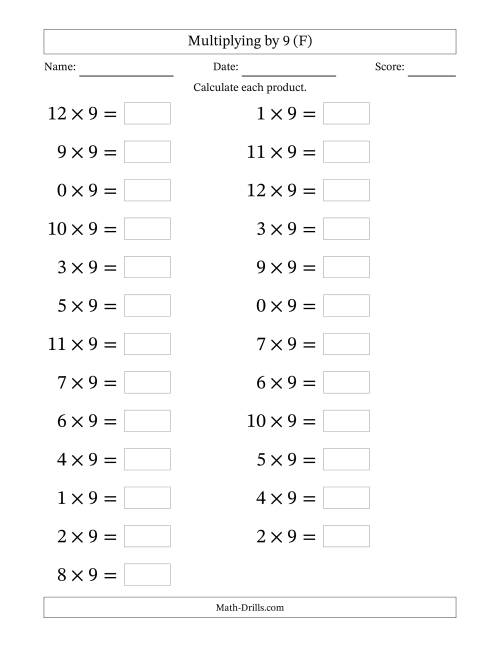 The Horizontally Arranged Multiplying (0 to 12) by 9 (25 Questions; Large Print) (F) Math Worksheet