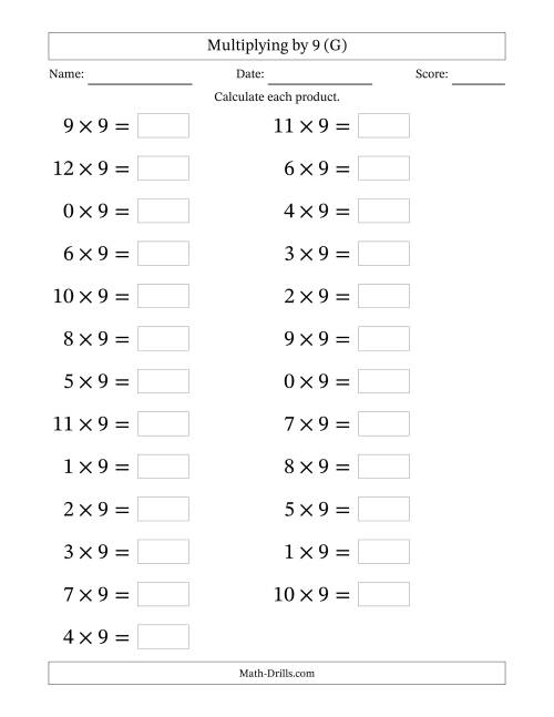 The Horizontally Arranged Multiplying (0 to 12) by 9 (25 Questions; Large Print) (G) Math Worksheet