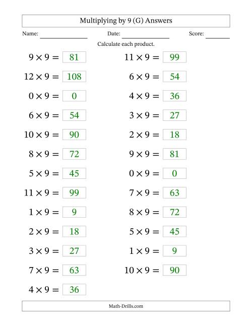 The Horizontally Arranged Multiplying (0 to 12) by 9 (25 Questions; Large Print) (G) Math Worksheet Page 2