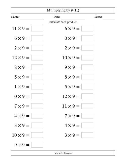The Horizontally Arranged Multiplying (0 to 12) by 9 (25 Questions; Large Print) (H) Math Worksheet