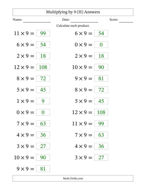 The Horizontally Arranged Multiplying (0 to 12) by 9 (25 Questions; Large Print) (H) Math Worksheet Page 2