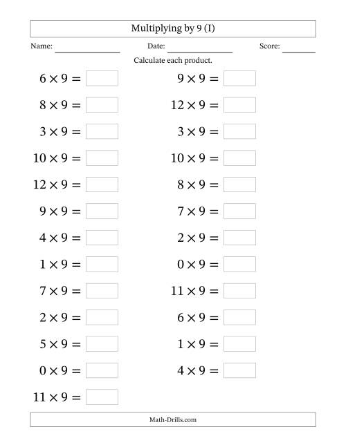 The Horizontally Arranged Multiplying (0 to 12) by 9 (25 Questions; Large Print) (I) Math Worksheet