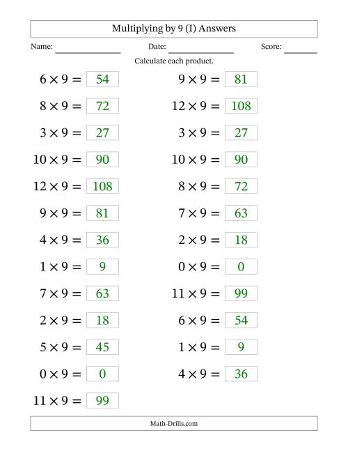 The Horizontally Arranged Multiplying (0 to 12) by 9 (25 Questions; Large Print) (I) Math Worksheet Page 2