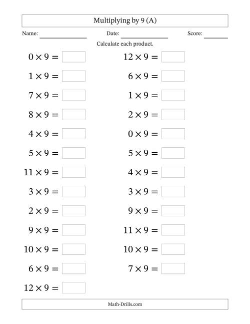 The Horizontally Arranged Multiplying (0 to 12) by 9 (25 Questions; Large Print) (All) Math Worksheet