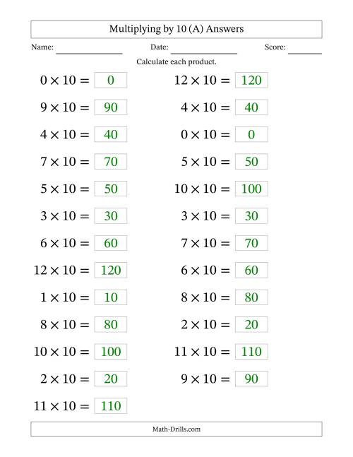 The Horizontally Arranged Multiplying (0 to 12) by 10 (25 Questions; Large Print) (A) Math Worksheet Page 2