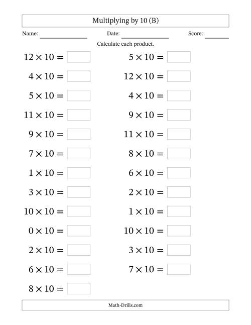 The Horizontally Arranged Multiplying (0 to 12) by 10 (25 Questions; Large Print) (B) Math Worksheet