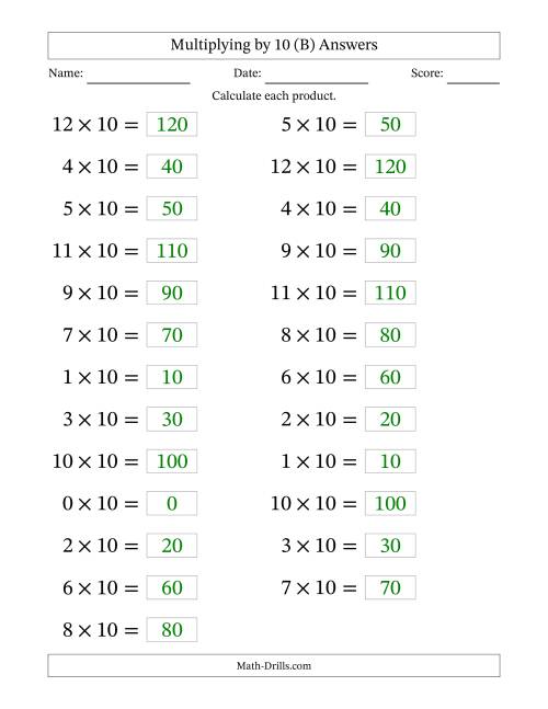 The Horizontally Arranged Multiplying (0 to 12) by 10 (25 Questions; Large Print) (B) Math Worksheet Page 2