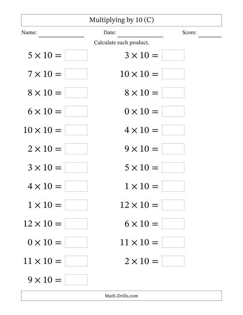 The Horizontally Arranged Multiplying (0 to 12) by 10 (25 Questions; Large Print) (C) Math Worksheet