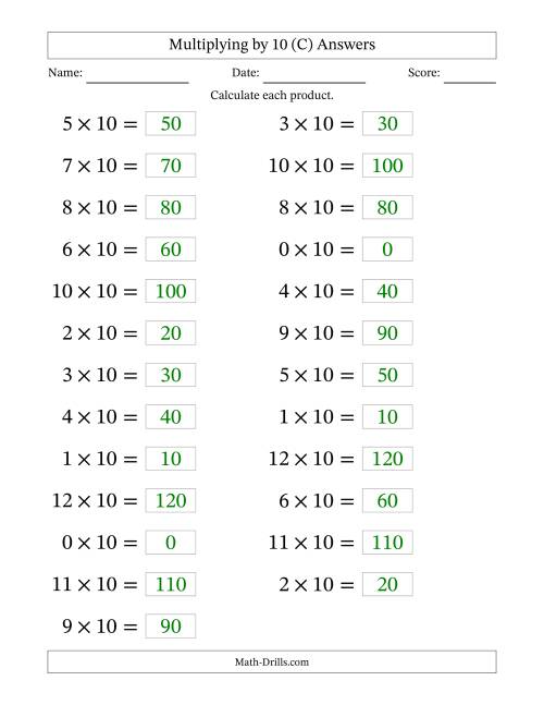 The Horizontally Arranged Multiplying (0 to 12) by 10 (25 Questions; Large Print) (C) Math Worksheet Page 2