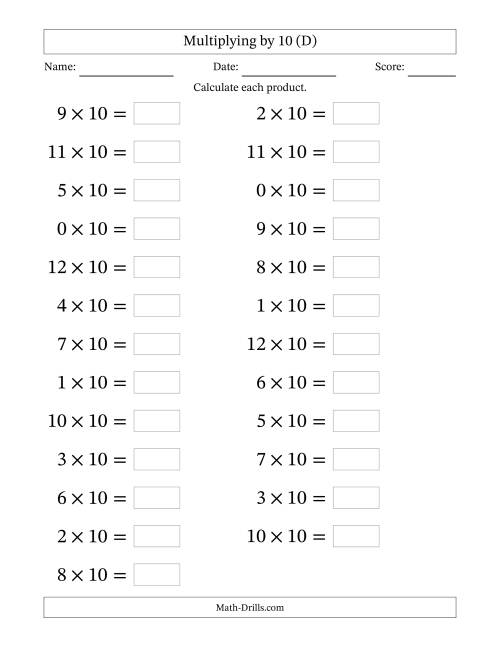 The Horizontally Arranged Multiplying (0 to 12) by 10 (25 Questions; Large Print) (D) Math Worksheet