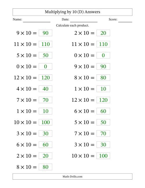 The Horizontally Arranged Multiplying (0 to 12) by 10 (25 Questions; Large Print) (D) Math Worksheet Page 2
