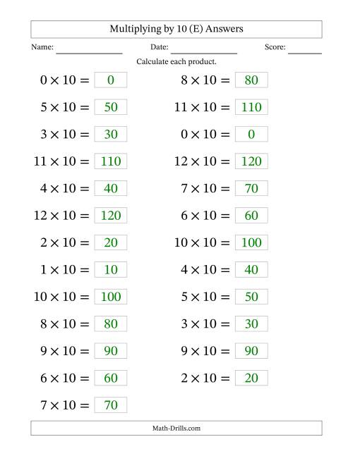The Horizontally Arranged Multiplying (0 to 12) by 10 (25 Questions; Large Print) (E) Math Worksheet Page 2