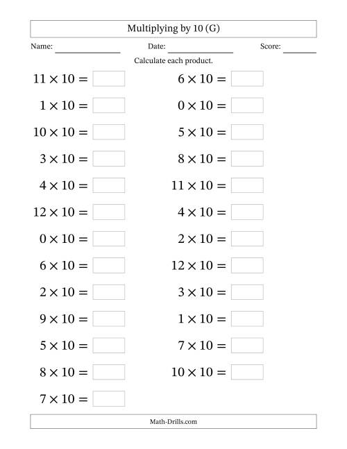 The Horizontally Arranged Multiplying (0 to 12) by 10 (25 Questions; Large Print) (G) Math Worksheet