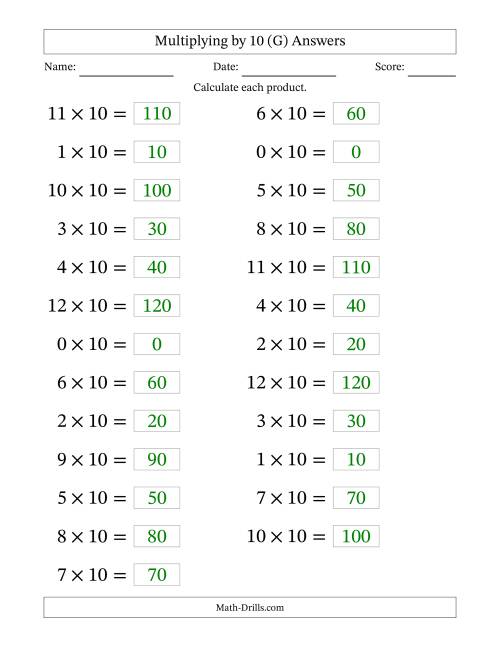 The Horizontally Arranged Multiplying (0 to 12) by 10 (25 Questions; Large Print) (G) Math Worksheet Page 2
