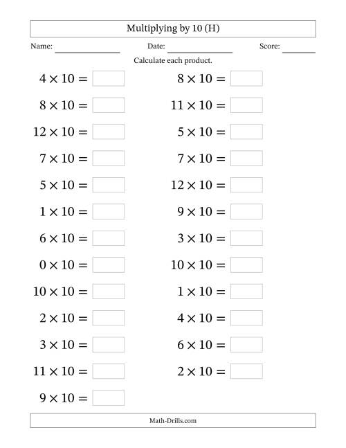 The Horizontally Arranged Multiplying (0 to 12) by 10 (25 Questions; Large Print) (H) Math Worksheet