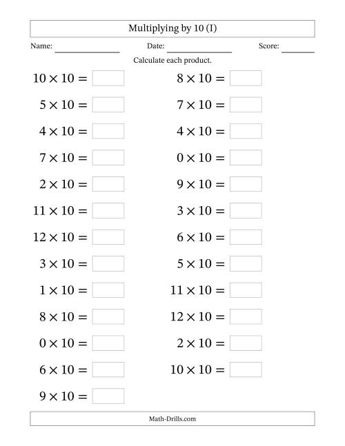The Horizontally Arranged Multiplying (0 to 12) by 10 (25 Questions; Large Print) (I) Math Worksheet