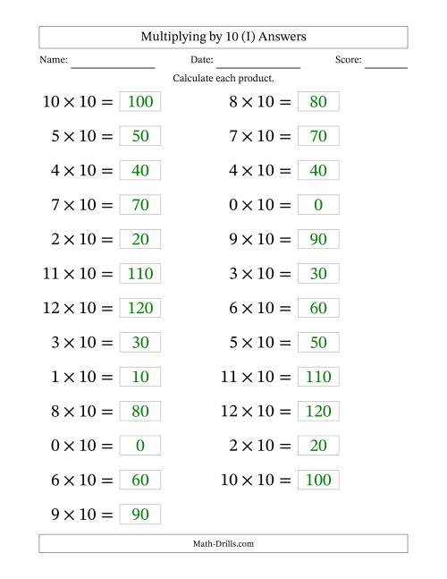 The Horizontally Arranged Multiplying (0 to 12) by 10 (25 Questions; Large Print) (I) Math Worksheet Page 2