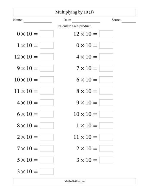 The Horizontally Arranged Multiplying (0 to 12) by 10 (25 Questions; Large Print) (J) Math Worksheet