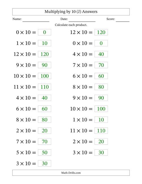 The Horizontally Arranged Multiplying (0 to 12) by 10 (25 Questions; Large Print) (J) Math Worksheet Page 2