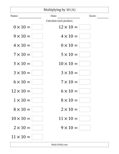 The Horizontally Arranged Multiplying (0 to 12) by 10 (25 Questions; Large Print) (All) Math Worksheet