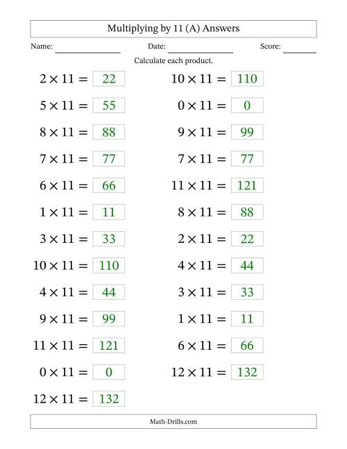 The Horizontally Arranged Multiplying (0 to 12) by 11 (25 Questions; Large Print) (A) Math Worksheet Page 2