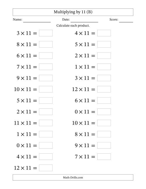 The Horizontally Arranged Multiplying (0 to 12) by 11 (25 Questions; Large Print) (B) Math Worksheet